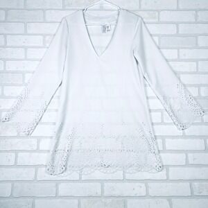Kenneth‎ Cole Reaction White Lace Trim V Neck Long Sleeve Dress